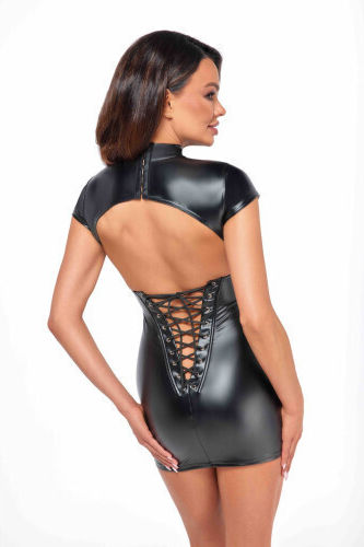 Noir Handgefertigtes Wetlook-Minikleid mit geschnürtem Rücken
