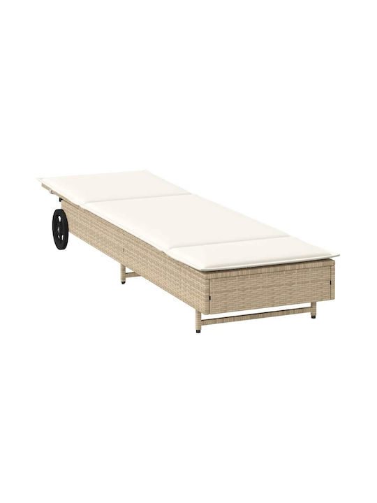 Ξαπλώστρα Rattan με Μαξιλάρι & Ρόδες Μπεζ 200x55x25.5εκ.