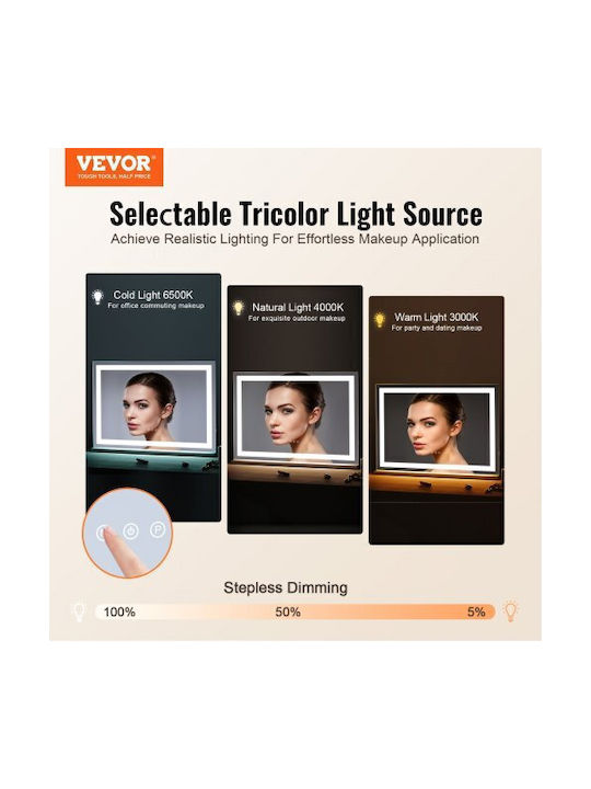 Vevor Καθρέπτης Τοίχου με Μπεζ Ξύλινο Πλαίσιο & LED Φωτισμό 55x80cm