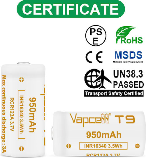 Vapcell 16340 T9 Battery 950mah 3a