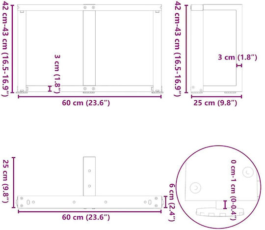 vidaXL Metallic Furniture Leg 2 Pieces Suitable for Office Table / Coffee Table 60x25x42cm White