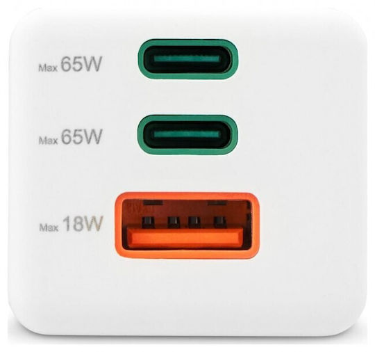 HAMA Зарядно без кабел GaN с USB-A порт и 2 USB-C порта 65W Power Delivery Бял (00201996)