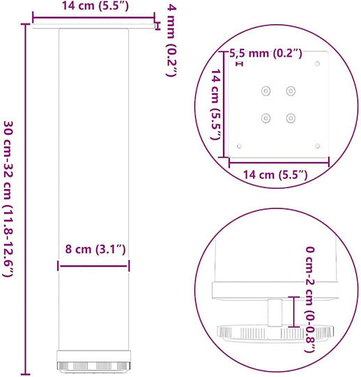 vidaXL Metallic Furniture Foot 4 Pieces Suitable for Table / Coffee Table 14x14x32cm White