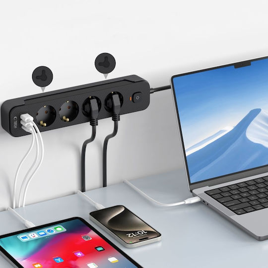 Tech-Protect PCL3X4 Steckdosenleiste 4 Steckdosen mit 2 USB-A 1 USB-C Schalter und Kabel 2m