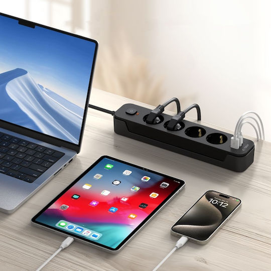 Tech-Protect PCL3X4 Steckdosenleiste 4 Steckdosen mit 2 USB-A 1 USB-C Schalter und Kabel 2m