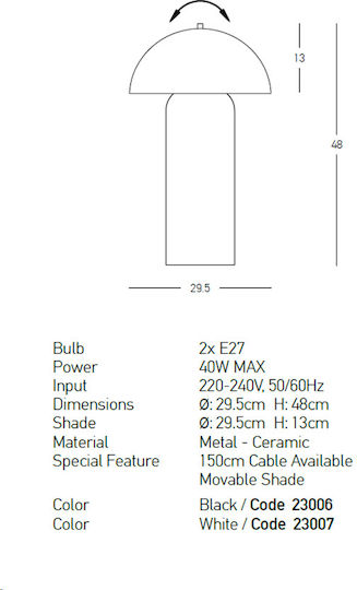 Zambelis Lights Ceramic Table Lamp for Socket E27 with Black Shade and Base