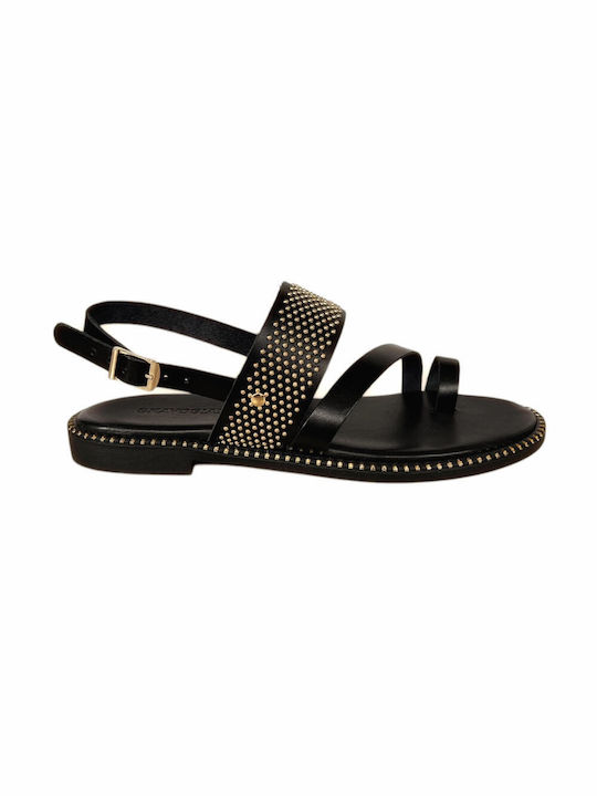 Gkavogiannis Sandals Leather Women's Flat Sandals in Black Color