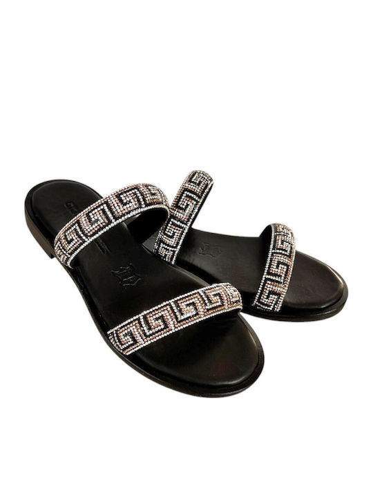 Leather Women's Flat Sandals in Black Color