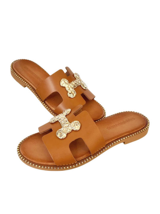 Leather Women's Flat Sandals in Tabac Brown Color