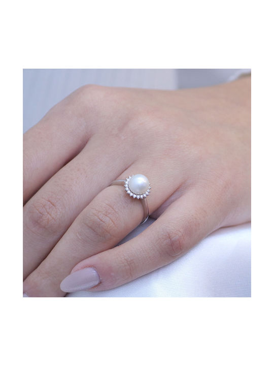 Ring with Pearls & Diamond made of White gold 18K