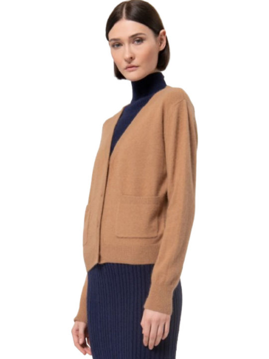 Gestrickte Damen Strickjacke mit Knöpfen Camel