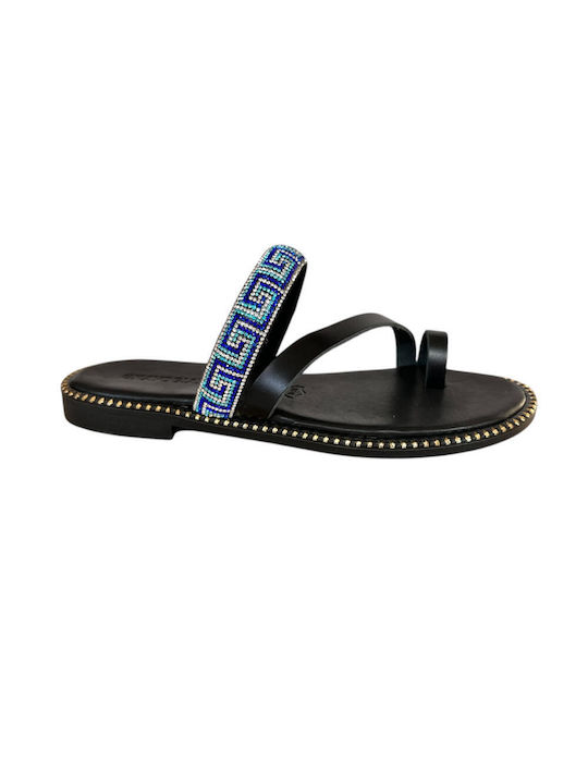 Gkavogiannis Sandals Leather Women's Flat Sandals in Blue Color