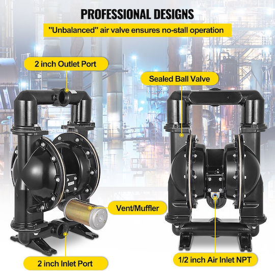 Vevor Air-operated Double Diaphragm Pump Inlet & Outlet 2 Inches Aluminum Alloy Body 75 Gpm & Max 120 Psi Nitrile Diaphragm Transfer Pump Diesel Oil Low Viscosity Liquids