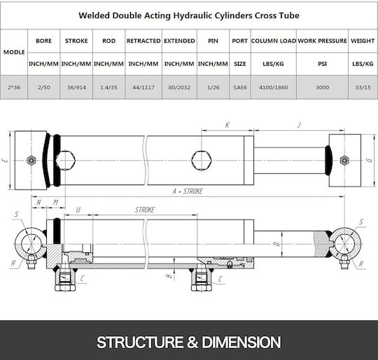 Vevor Hydraulic Cylinder 2\" Bore 36\" Stroke Hydraulic Ram Cylinder 3000psi Hydraulic Cylinders Welded Double Acting Cross Tube Sae6 Port Hydraulic Lifting Cylinder 2 X 36