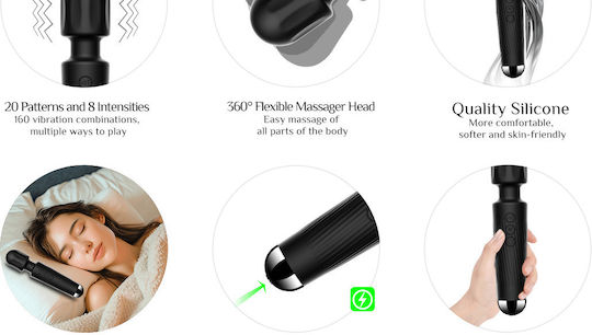 SMD Vibrator Wand, Ασύρματος Κλειτοριδικός δονητής, 20 Vibrations & 8 intensities, Black