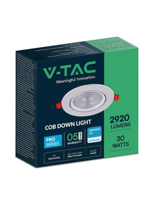 V-TAC Στρογγυλό Χωνευτό LED Panel 30W με Ψυχρό Λευκό Φως 6400K 22.5εκ.