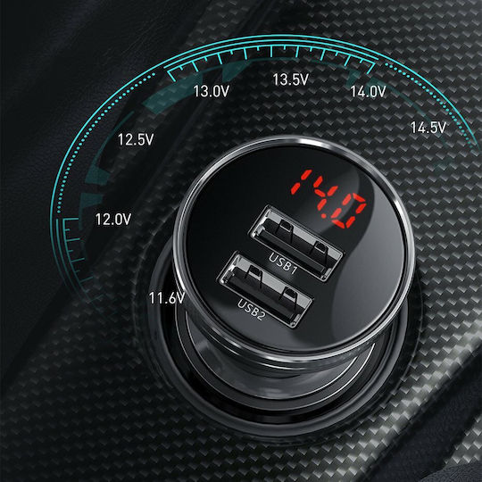 Baseus Digital Display Car Charger 24W 4.8A with Ports: 2xUSB and Voltmeter Gray Color