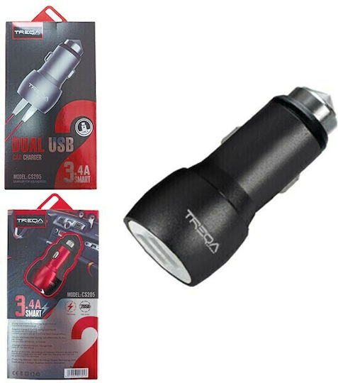 Treqa CS-205 Auto-Ladegerät 3.4A mit Anschlüssen: 2xUSB Schwarz Farbe