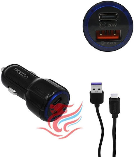 Treqa Car Charger Black Total Intensity 3.1A Fast Charging with Ports: 2xUSB with Cable Micro-USB