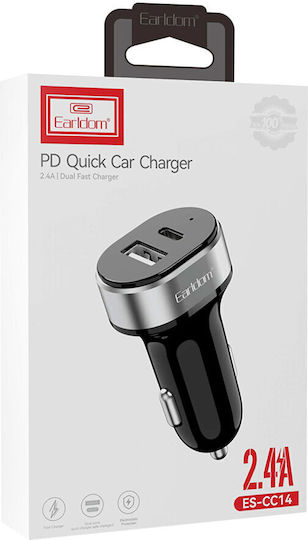 Earldom Auto-Ladegerät 2.4A Schnellladung mit Anschlüssen: 1xUSB 1xType-C mit Kabel Blitzschlag / Typ-C,TC-TC Schwarz Farbe