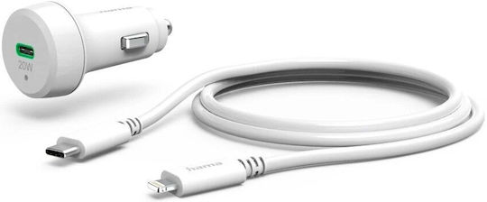 HAMA Încărcător Auto 20W Cu Încărcare Rapidă Cu O Singură Port: 1xType-C Cu Cablu Lightning Culoare Albă