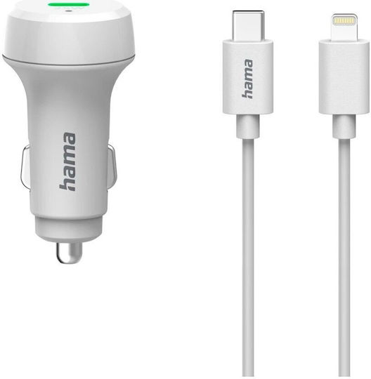 HAMA Încărcător Auto 20W Cu Încărcare Rapidă Cu O Singură Port: 1xType-C Cu Cablu Lightning Culoare Albă