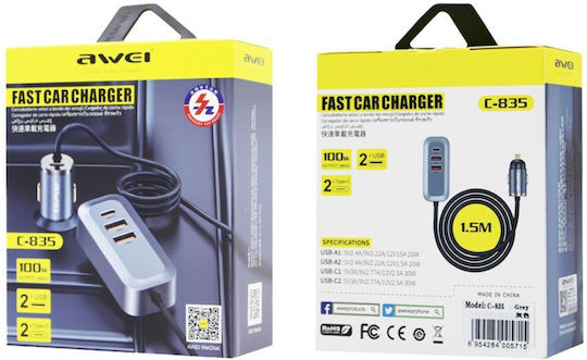 Awei Φορτιστής Αυτοκινήτου με Θύρες: 2xUSB 2xType-C Γκρι