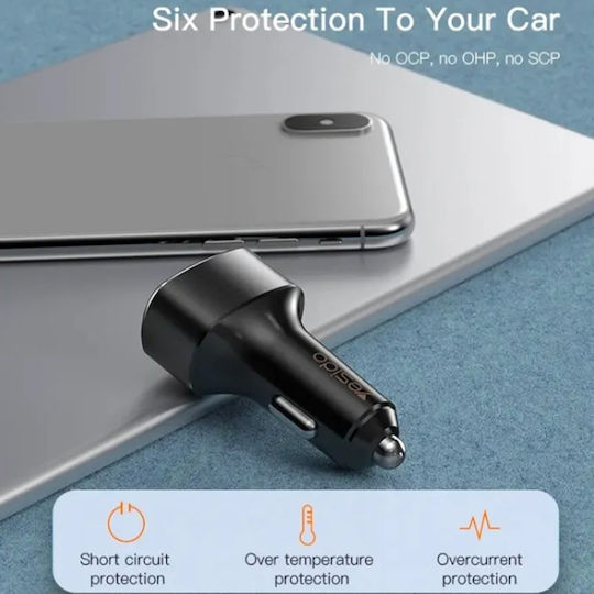 Yesido Car Charger 42W 2.4A Fast Charging with Ports 3xUSB-A Black Color