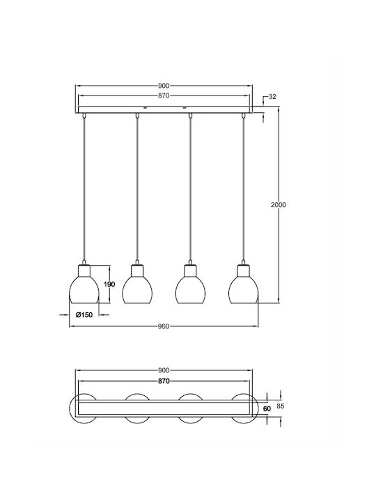 Fabas Luce Marina Hängelampe Weiß Schiene für 4 Lampen E27 96cm.