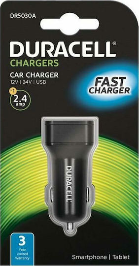 Duracell Auto-Ladegerät 12W 2.4A mit einer Buchse 1xUSB-A Schwarze Farbe