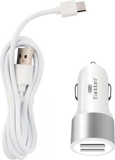 Auto Gs Car Charger 2.1A with Ports: 2xUSB with Cable Type-C White Color