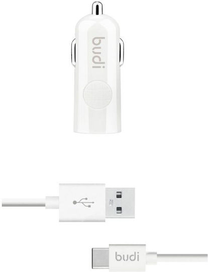 Budi Φορτιστής Αυτοκινήτου 12W 2.4A με μία Θύρα: 1xUSB μαζί με Καλώδιο Type-C Λευκός