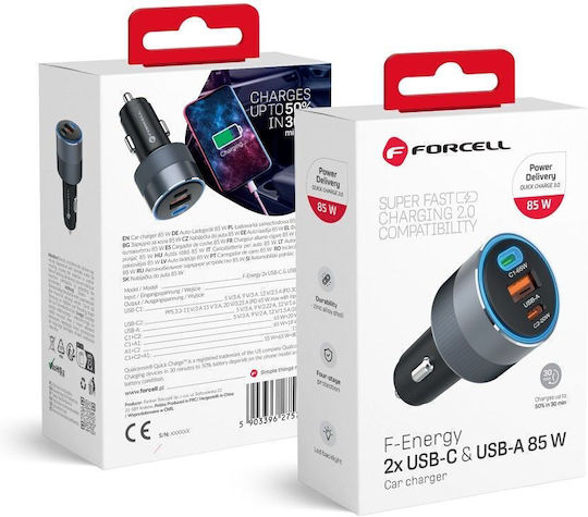 Forcell F-energy Auto-Ladegerät 85W 3A Schnellladung mit Anschlüssen: 1xUSB 2xType-C Gray Farbe