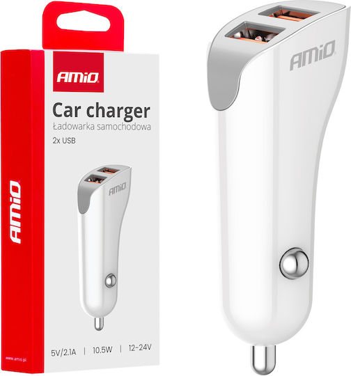 AMiO Car Charger 10.5W 1A with Ports: 2xUSB with Cable Embedded White Color