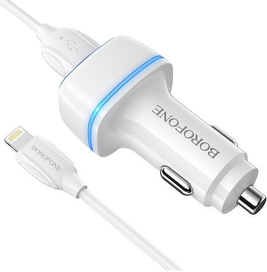 Borofone BZ14A Handy-Autoladegerät 20W 3A Schnellladen mit Anschlüssen 1xUSB 1xType-C zusammen mit Lightning Kabel Weiß Farbe