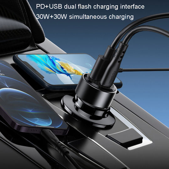 Yesido Автомобилен Зарядно Устройство 60W С Бързо Зареждане С Портове 1xUSB-A 1xType-C С Type-C Кабел Черен Цвят