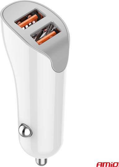 AMiO Car Charger 10.5W 1A with Ports: 2xUSB with Cable Embedded White Color