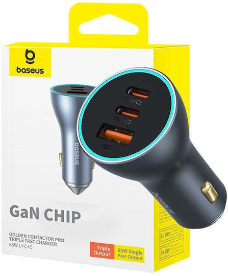 Baseus Golden Contactor Pro Handy-Autoladegerät 65W 9.5A mit Anschlüssen: 1xUSB 2xType-C Grau Farbe