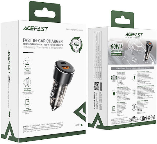 Acefast Car Charger 60W 3A Fast Charging with Ports 1x USB 1x Type-C Black Color
