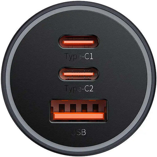Baseus Golden Contactor Pro Handy-Autoladegerät 65W 9.5A mit Anschlüssen: 1xUSB 2xType-C Grau Farbe