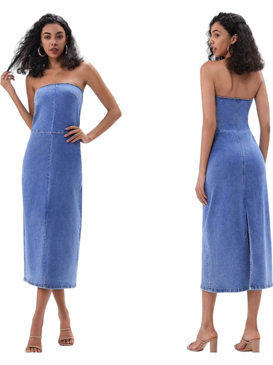 Γυναικείο Strapless Τζιν Φόρεμα Γαλαζιο