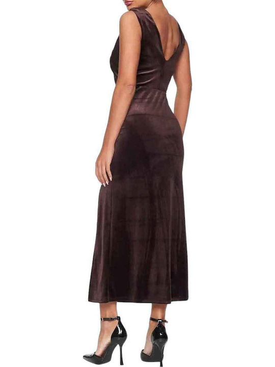 Midi Evening Dress Velvet with Slit Black, Burgundy, Brown
