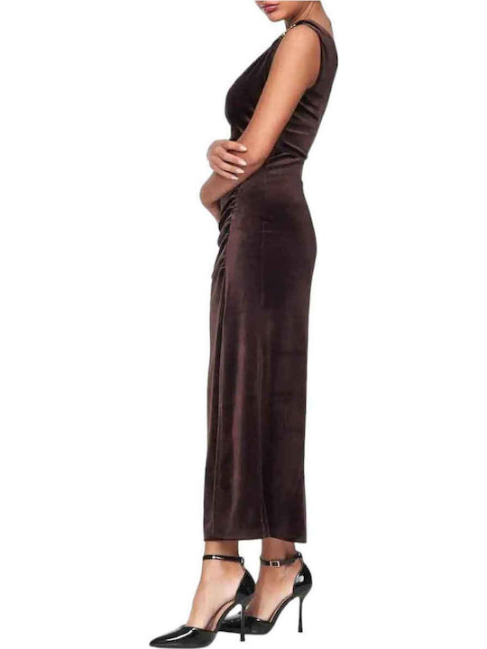 Midi Evening Dress Velvet with Slit Black, Burgundy, Brown