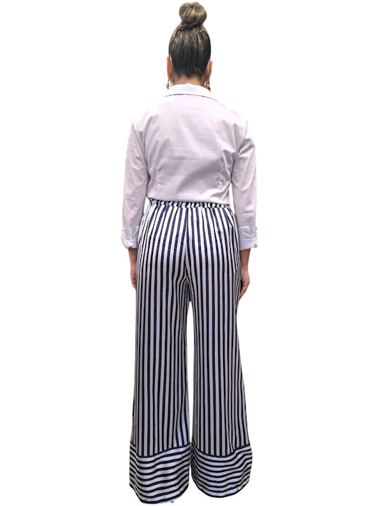 Women's Trousers with Rubber Band in Wide Leg Style Striped Blue
