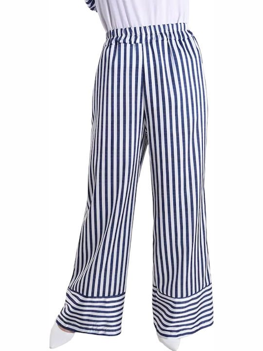 Women's Trousers with Rubber Band in Wide Leg Style Striped Blue