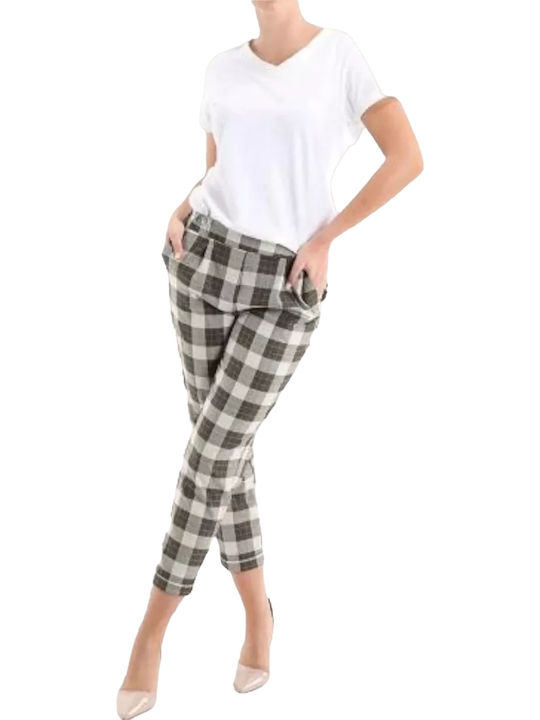 Remix Women's High-waisted Fabric Capri Trousers Checked Green