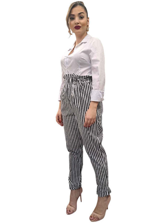 Damen Stoffhose Gestreift Weiß/Schwarz