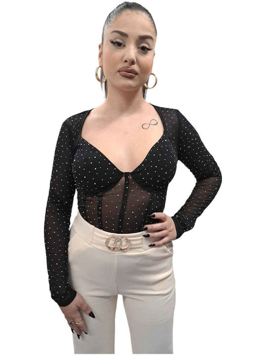 Schwarzer transparenter Body mit Strasssteinen Schwarz Schwarzer transparenter Body mit Strasssteinen Schwarz
