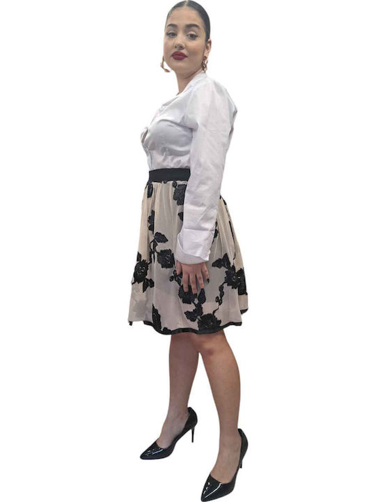 Midi Skirt with Tulle Floral Beige