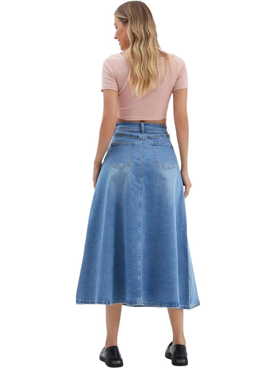 Remix Denim High-waisted Maxi Skirt in Blue Color